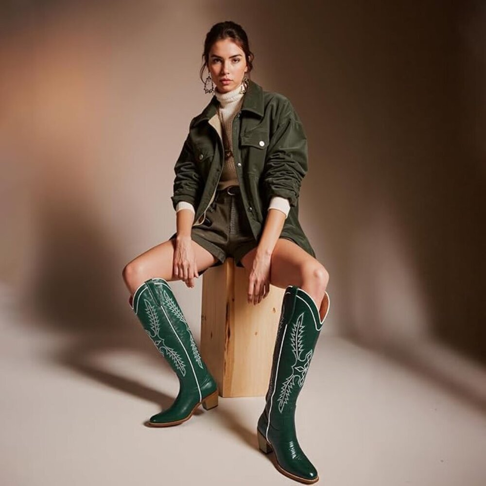 Women's Green Mid Calf Cowgirl Western Boot Embroidered Suede Pull On Almond Toe - Picture 4 of 6